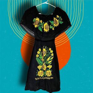 Boho Sunflower Embroidered Mexican Black Off Shoulder Dress S/M